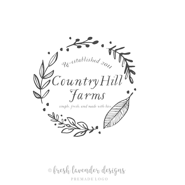 Country Logo, Farmhouse Logo, Custom Logo, Premade Logo, Logo Design, hand Drawn Logo, Wreath Logo, Farm Logo, Photography Logo, Watermark