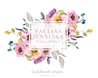 May include: Watercolor floral design featuring pink, purple, and yellow flowers with green and gray leaves. The design includes the text "PAULINA JENNINGS FLORAL DESIGN" within a white rectangular frame. The bottom of the design includes the text "fresh lavender designs" and "PREMADE LOGO".