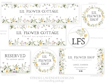Logotipo de flores silvestres, paquete de marca, paquete comercial, logotipo floral de acuarela, marca comercial, conjunto de tienda Etsy, conjunto de banner Etsy, logotipo personalizado