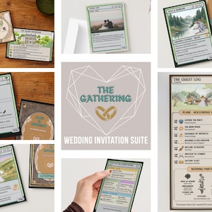 May include: A wedding invitation suite featuring multiple cards designed like trading cards, including a quest log, save the date, and RSVP cards. The cards display illustrations of a couple, nature scenes, and text such as The Gathering, The Grand Promenade, and The Quest Log.