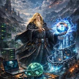 May include: Digital art depicting a wizard with a long white beard and flowing robes, holding a glowing orb with a padlock. A laptop with a skull graphic sits nearby, with a futuristic city and castle in the background.