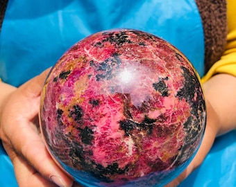 5.85LB Natural Pink Rhodonite Sphere, Black Manganese Inclusion Crystal Ball, Healing Ornament