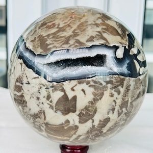 May include: A polished spherical stone featuring a marbled pattern of cream and dark brown tones. A horizontal fissure runs across the center, revealing a hollow interior lined with small, sparkling white crystals and dark gray mineral deposits.