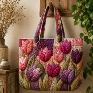 Può includere: Una borsa tote trapuntata caratterizzata da un vivace motivo floreale di tulipani rosa, viola e rossi con steli e foglie verdi. Il tessuto presenta una finitura testurizzata e cucita, inclusi i due manici, creando un aspetto morbido e imbottito.