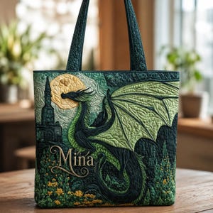 Può includere: Una borsa tote trapuntata con un drago verde scuro dalle grandi ali, un'alta torre e una luna gialla su uno sfondo vorticoso. Il nome Mina è ricamato in caratteri dorati vicino alla base, circondato da piccoli fiori gialli.