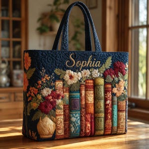 Puede incluir: Un bolso tote acolchado de color azul marino con un diseño bordado de un jarrón con flores naranjas y rojas, una fila de lomos de libros coloridos y el nombre Sophia bordado en hilo dorado. El bolso tiene dos asas de tela acolchada.