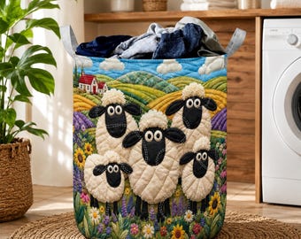 Sheep Lover gewatteerde wasmand, schattige lamsweidemand, wasbak Cottagecore boerderijdieren, opbergmand van grillige stoffen