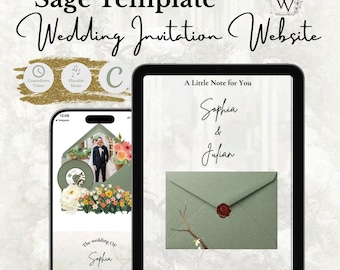 Puede incluir: Una plantilla de sitio web para invitaciones de boda titulada Sage Template. La pantalla muestra una tableta y un teléfono inteligente con los nombres Sophia y Julian, un sobre verde salvia con sello de cera rojo y gráficos florales.