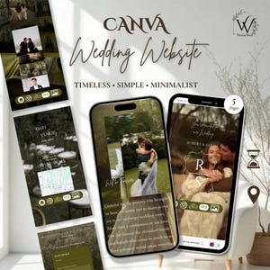 May include: A digital wedding website template for Canva featuring five pages with photo placeholders, event details, and navigation icons. The design includes text such as CANVA Wedding Website, TIMELESS SIMPLE MINIMALIST, and Robert & Sarah.