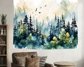 Watercolor Forest Tapestry, Misty Pine Tree Landscape Wall Hanging, Nature Aesthetic Decor, Boho Woodland Art, Calm Green Room Tapestry