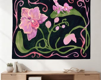 Orchid Mantis Tapestry, Art Nouveau Floral Wall Art, Botanical Insect Decor, Vintage Nature Illustration, Unique Aesthetic Room Hanging