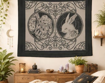 Vintage Rabbit Rose Tapestry, Victorian Black and White Wall Hanging, Gothic Bunny Floral Wall Decor, Cottagecore Animal Art, Elegant Decor