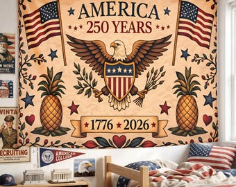 America 250 Years Tapestry, Vintage Patriotic Crest Banner, 1776 2026 USA Wall Hanging, Independence Day Decor, Retro American Art