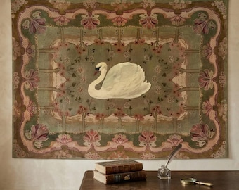 Vintage Swan Tapestry, Floral Cottagecore Wall Hanging, Elegant Nature Art Decor, Classic Bird Aesthetic Room Decor, Retro Floral Wall Cloth
