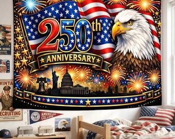 250th Anniversary USA Tapestry, Bald Eagle Fireworks Flag Banner, Patriotic Independence Decor, American Celebration Backdrop