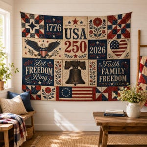 USA 250 Patchwork Tapestry, 1776-2026 Americana Quilt Wall Hanging, Liberty Bell Eagle Patriotic Farmhouse Decor, Vintage Home Gift