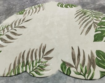 Luxury Tropical Leaf Rug, Handmade Botanical Area Rug, Modern Organic Shape Rug , Premium Green & Beige Rug, Nature Inspired Rug