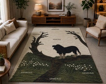 Vloerkleed met leeuwenmotief, handgemaakt modern tapijt, luxe vloerkleed voor de woonkamer, neutraal beige/zwart vloerkleed, eigentijds vloerkleed met dierenprint, vloerkleed voor de slaapkamer