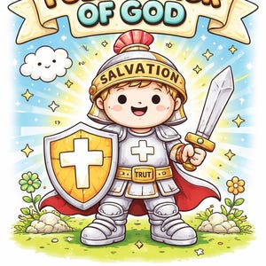 Peut inclure: Illustration de dessin animé d'un enfant en armure complète, tenant une épée et un bouclier avec une croix. La bannière au-dessus indique "FULL ARMOR OF GOD" et le casque dit "SALVATION". Le fond est un ciel bleu avec des étoiles.