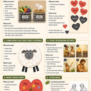 May include: Sunday school craft activity sheet titled "Cain & Abel." Includes instructions for altar crafts, heart sorting, lamb paper plate craft, story sequencing, and heart choice craft. Features illustrations and text.