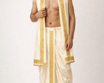 Set dhoti-angavasram herenzijde – gouden zari-rand, Indiase bruiloftsoutfit 10 kleuren