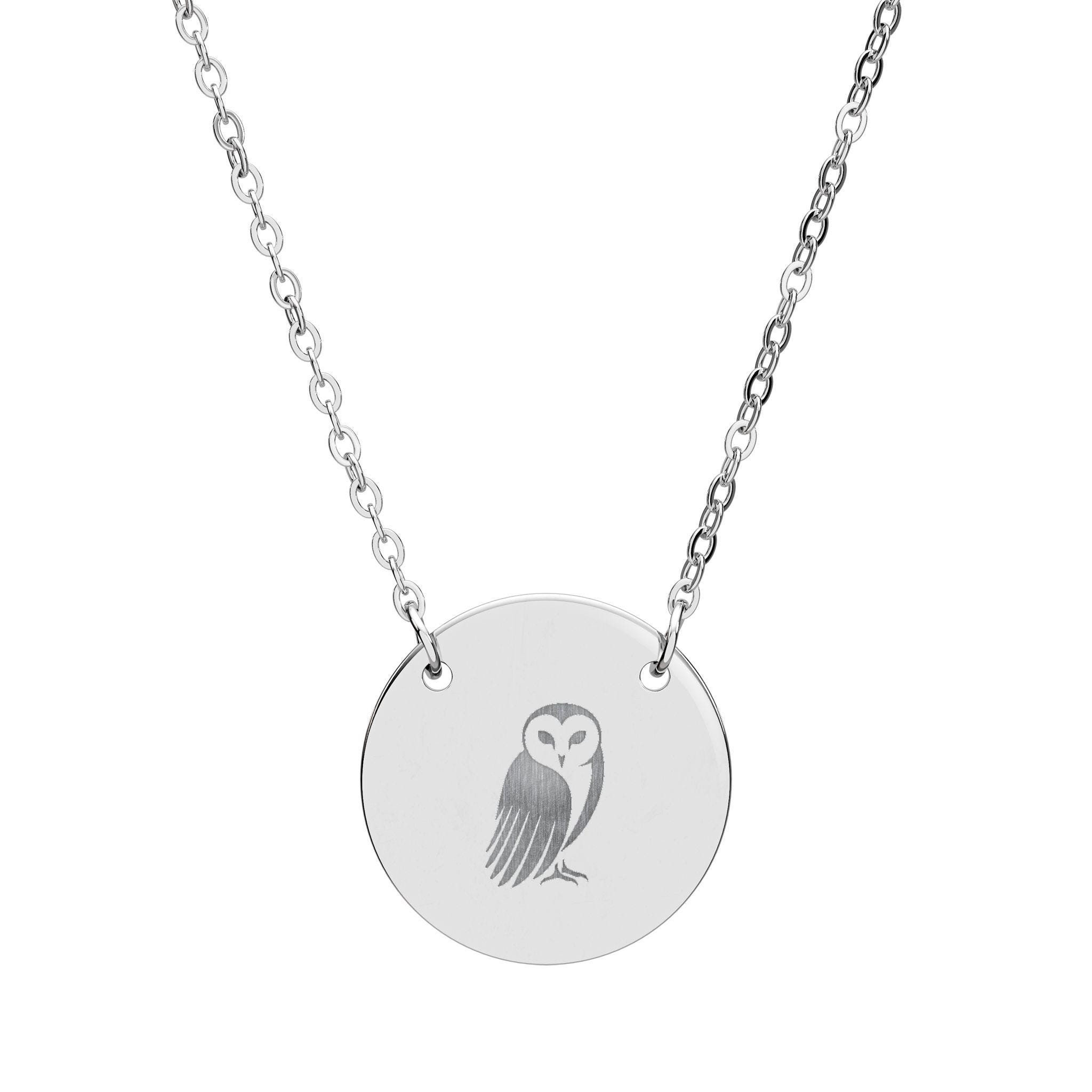 Engraved Barn Owl Circle Necklace | Personalized Round Pendant