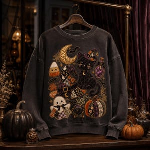 May include: A charcoal gray crewneck sweatshirt featuring a detailed embroidered graphic of a black cat wearing a witch hat, a crescent moon, a ghost, a pumpkin, a potion bottle, and candy corn, all rendered in a patchwork and quilted style.