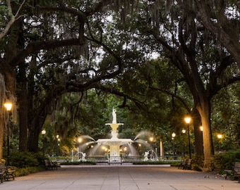 May include: A white fountain with a statue in the center, surrounded by trees with Spanish moss hanging from the branches. The fountain is located in a park with a paved walkway leading to it.