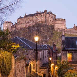 Edinburgh Castle from the Grassmarket - Blue Hour in Scotland- Vennel Steps at Sunrise - United Kingdom Photography