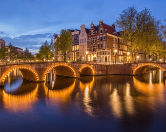 Keizersgracht Canal in Amsterdam at Night - Blue Hour in Holland - Netherlands Photography