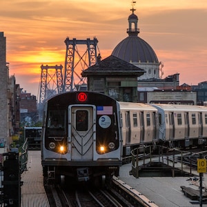 New York Skyline and the Williamsburg Bridge from Brooklyn - M Train Subway - MTA at Sunset - New York City Photography