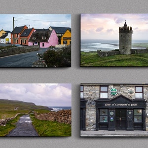 May include: A collage of four images showcasing the beauty of Ireland. The top left image shows a quaint village with colorful houses. The top right image features a stone tower on a grassy hill overlooking the ocean. The bottom left image shows a narrow path leading to the ocean. The bottom right image shows a pub with a sign that reads "Gus O'Connor's Pub".