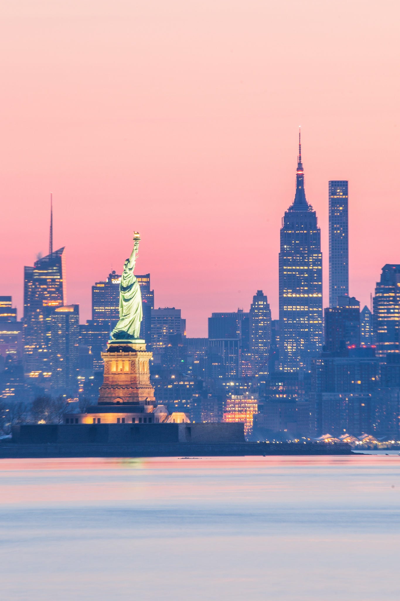 Statue Of Liberty During Pink Sunrise Nyc Skyline Lady Etsy