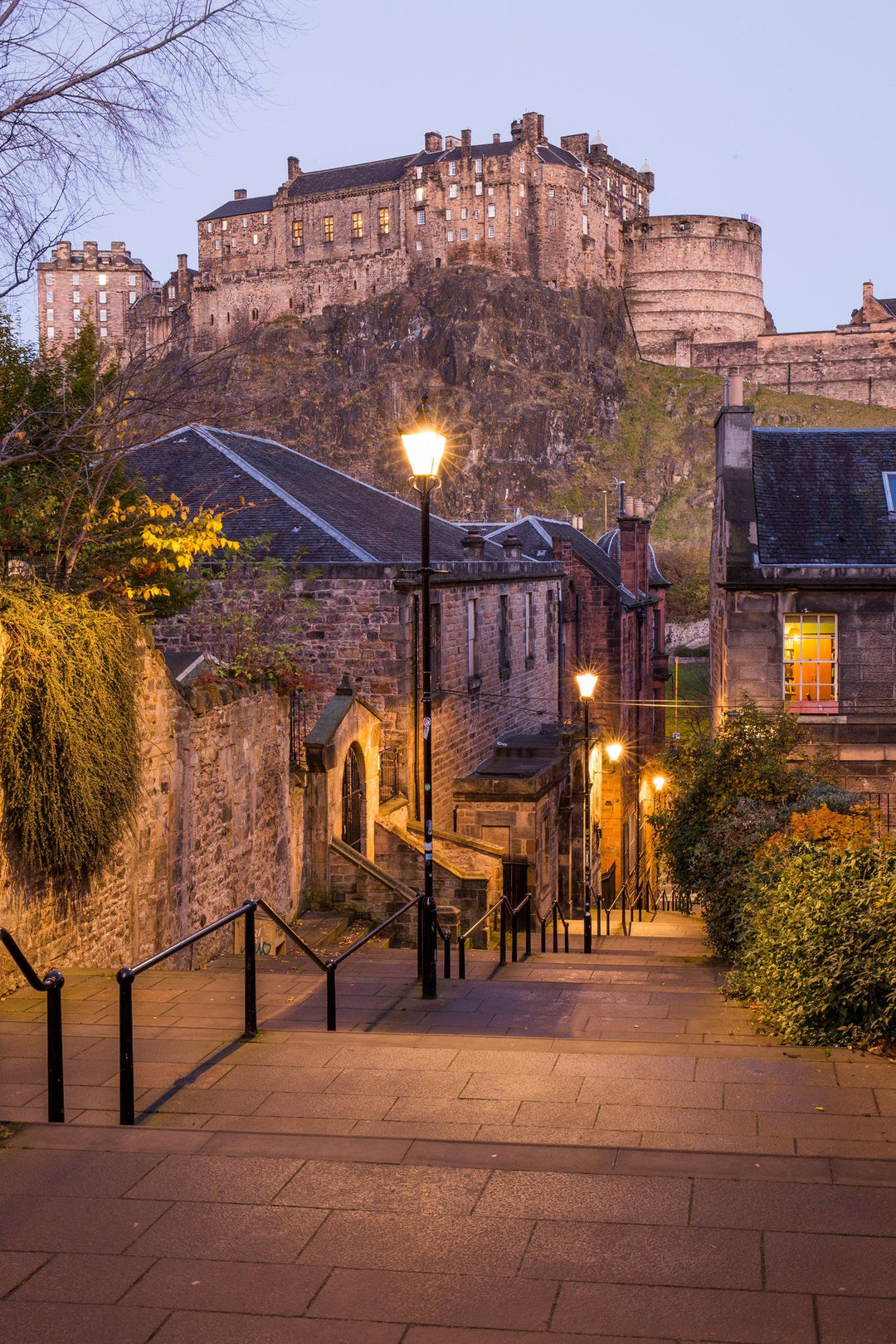 Edinburgh Castle From the Grassmarket Blue Hour in Scotland Vennel