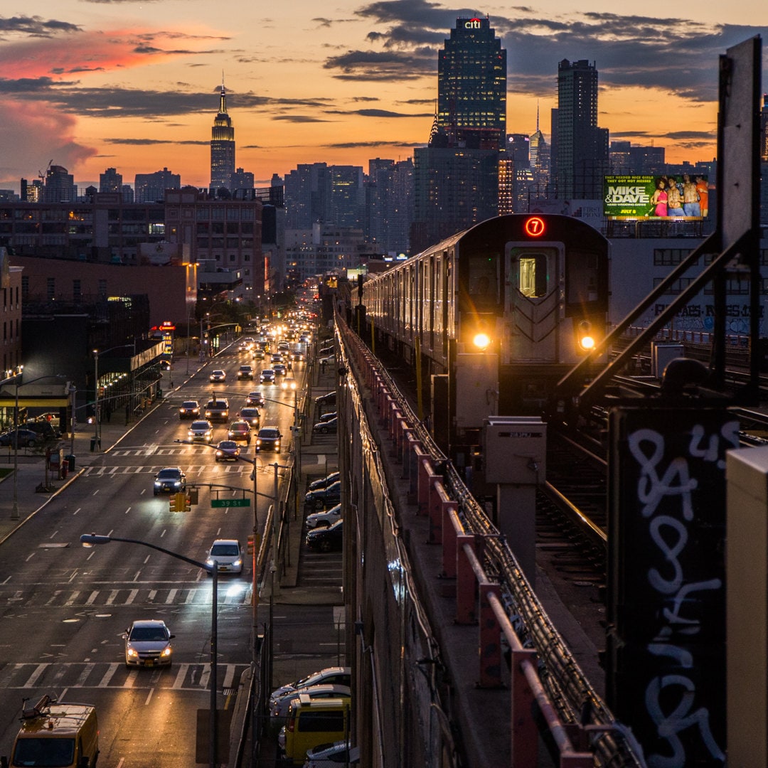 New York Skyline From Queens 7 Train Subway MTA at Sunset New York City