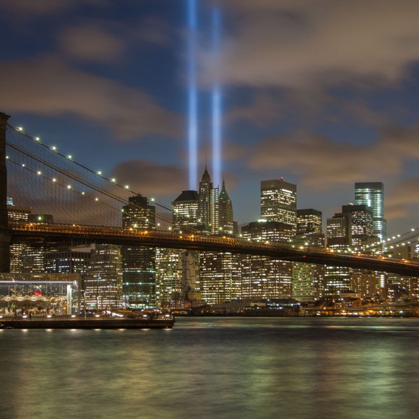 September 11 Lights - Brooklyn Bridge Cityscape Panorama Photograph - Manhattan - New York City Photography