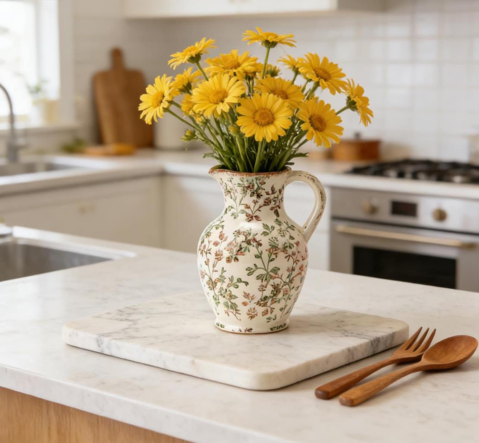 Floral Ceramic Pitcher Vase, Rustic Farmhouse Handle Decor