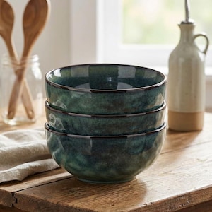 May include: A stack of three teal-colored ceramic bowls with a dark brown rim. The bowls have a speckled, textured appearance and are placed on a rustic wooden surface. A glass jar with wooden spoons and a ceramic bottle are in the background.