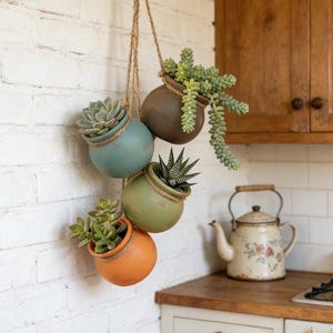 May include: A collection of hanging ceramic planters in various colors, including teal, brown, green, and orange, each filled with succulents. The planters are suspended by jute rope against a white brick wall, creating a rustic, decorative display.