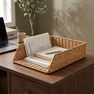 May include: A rectangular woven rattan desk tray with a light brown finish, containing a stack of white paper documents, a beige notebook, and a silver pen. The tray features an open front design and a sturdy, textured woven construction.