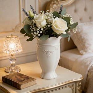 May include: A white ceramic vase with a ruffled rim holds a bouquet of white roses, baby's breath, and greenery. A small, lit crystal lamp and a vintage book sit on a cream-colored nightstand with gold trim.