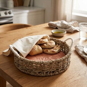 May include: A round woven seagrass basket with two white rope handles containing several golden-brown bread rolls. A cream-colored cloth napkin partially covers the rolls, which rest on a terracotta-colored base with a floral pattern.