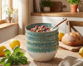 Set of 4 Large Reactive Glaze Soup Bowls, Stoneware Cereal Bowls (26 oz)