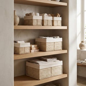 May include: A collection of rectangular storage baskets made from woven natural fiber rope, each featuring a removable cream-colored fabric liner. The baskets are arranged on wooden shelves, containing folded textiles and small items.