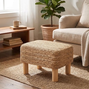Natural Seagrass Rectangular Footstool with Wood Legs, 15.2 Inch