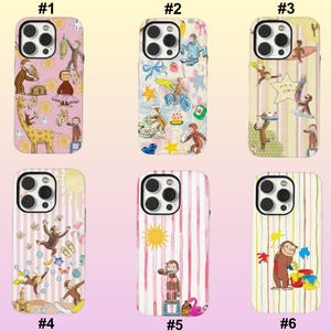 May include: Set of six phone cases featuring colorful illustrations of a curious monkey in various playful scenes. Designs include a giraffe, sun, stars, and striped backgrounds. Each case has a camera cutout.