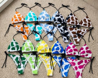 Colorful Cow Print Bikini Set, Coastal Cowgirl Swimsuit, Pink Blue Cow Pattern, Festival Beachwear, Gift for Her