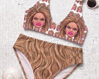 Grumpy Doll Bikini Set, High Waisted Fur Print Swimwear, Funny Bachelorette Party Outfit, Quirky Meme Swimsuit Gift for Her