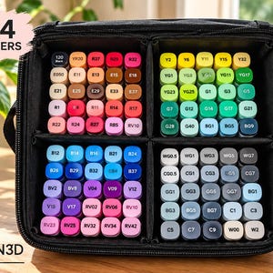 May include: A black zippered carrying case containing 104 markers organized into four square compartments. The marker caps are color-coded and labeled with alphanumeric codes. The text 104 MARKERS and ROLIN3D are visible in the image.