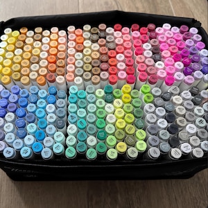 May include: A large black carrying case filled with a vast collection of dual-tip art markers arranged by color family. The markers feature white barrels with color-coded caps and printed labels indicating specific color names and codes.